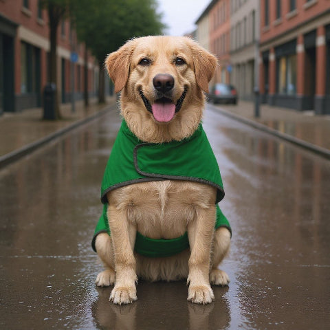 chien qui porte le manteau pour chien wetguard vert elegant