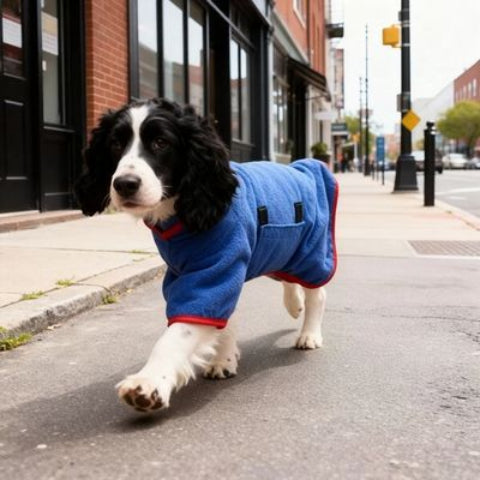 chien qui porte le peignoir pour chien bleu