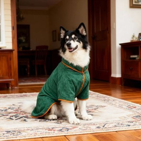 chien qui porte le peignoir pour chien chic