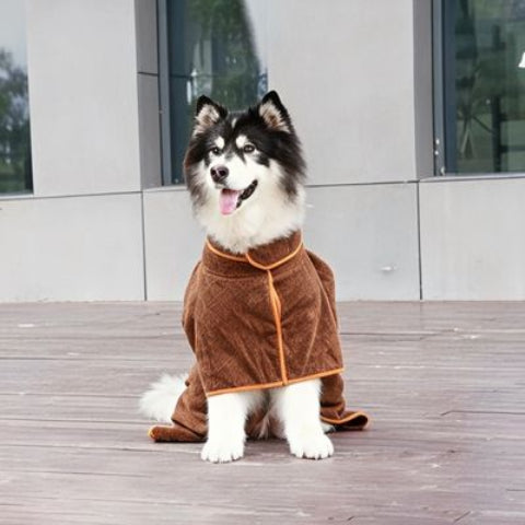 chien qui porte le peignoir pour chien marron