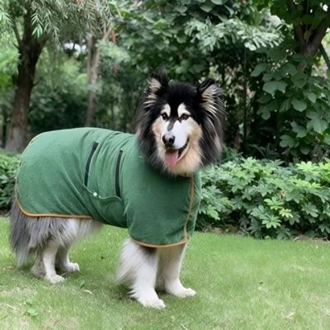chien qui porte le peignoir pour chien vert de qualite