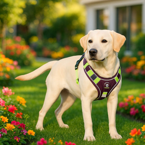 chien qui se promene dans un jardin en portant le harnais chien veste tactique vert violet