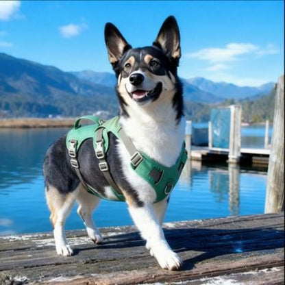 chien qui porte le harnais chien triple sangle de poitrine vert de qualite