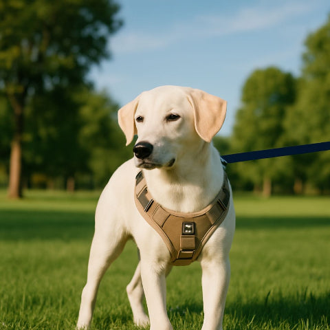 chien qui se promene en portant le harnais chien veste tactique khaki