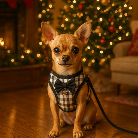 chihuahua qui porte le harnais pour petit chien Lignes carrees colorees noir blanc