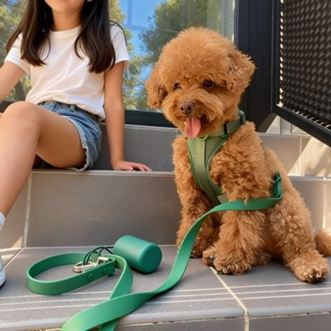 chiot qui porte le harnais anti traction chien vert efficace