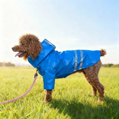 chiot qui porte le manteau pour chien impermeable bleu adorable