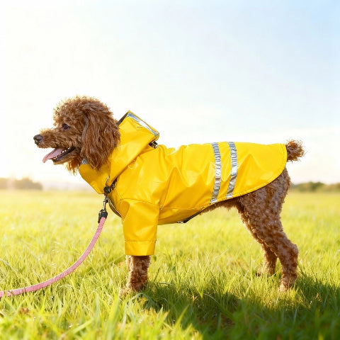 chiot qui porte le manteau pour chien impermeable jaune adorable