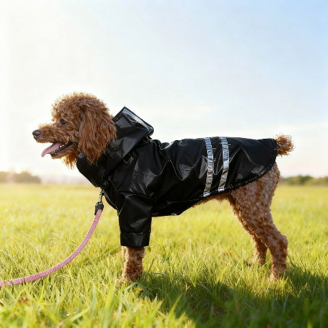 chiot qui porte le manteau pour chien impermeable noir magnifique