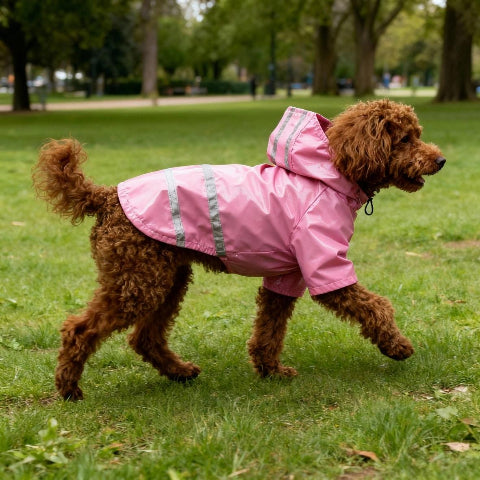 chiot qui porte le manteau pour chien impermeable rose chic