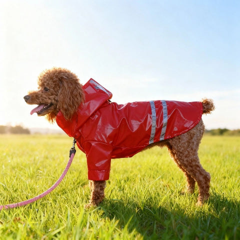 chiot qui porte le manteau pour chien impermeable rouge essentiel