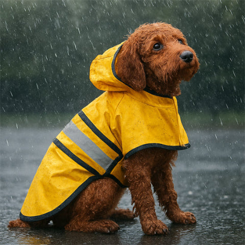 chiot qui porte le manteau pour chien jaune sous la pluie