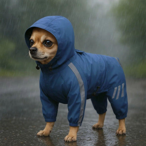 chiot qui porte le manteau pour chien raincoat bleu