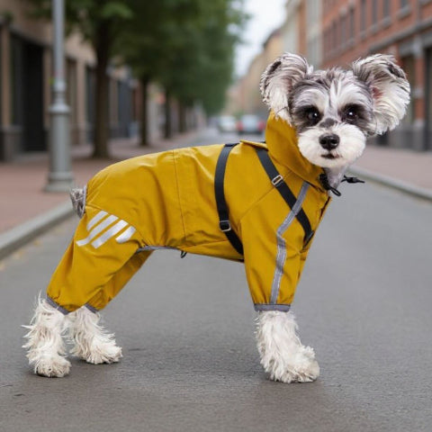 chiot qui porte le manteau pour chien raincoat jaune dans la rue 