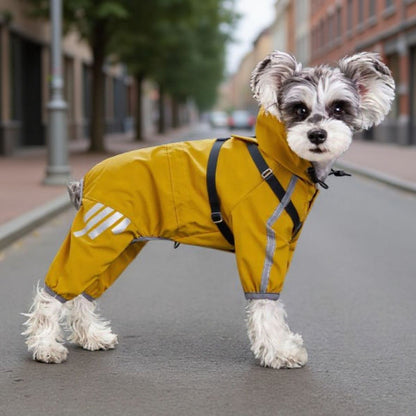 chiot qui porte le manteau pour chien raincoat jaune dans la rue 