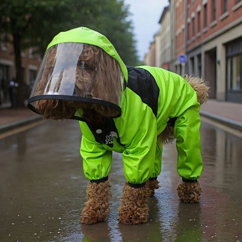 chiot qui porte le manteau pour chien safepet vert de qualite