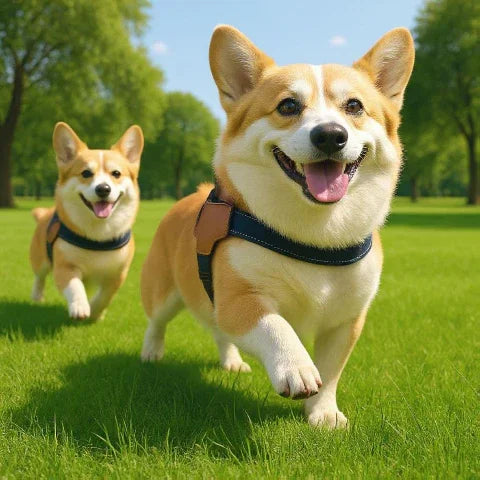 deux chiens qui courent dans un parc en portant le harnais anti traction chien Sangle de poitrine respirante