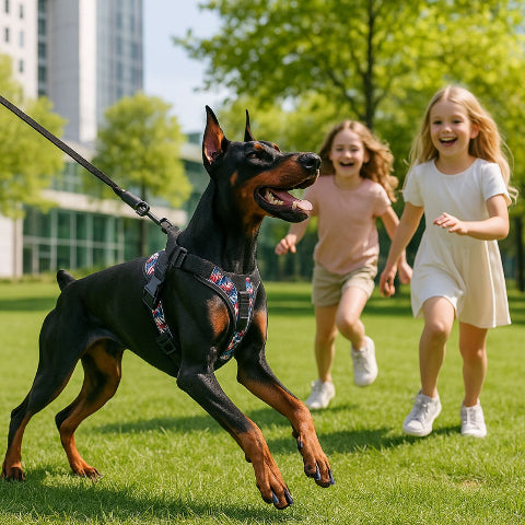 deux jeunes filles qui jouent avec un doberman qui porte le harnais anti traction pour chien Servidog qui resiste a l'usure