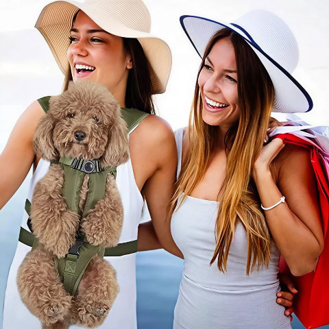 deux touristes qui sourient avec une tousiste qui porte le sac a dos chien avec son toutou à l'interieur