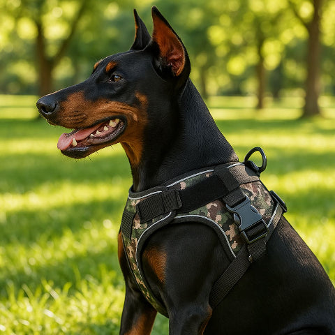 doberman qui porte le harnais anti traction pour chien Servidog vert camouflage