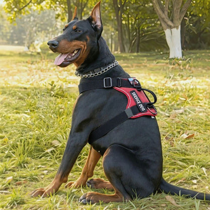 chien qui porte le harnais pour chien militaire tactique rouge