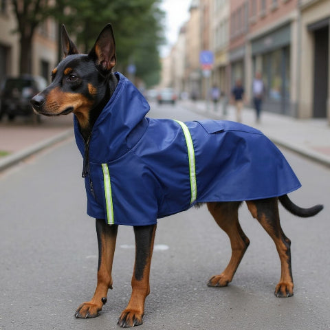 doberman qui porte le manteau pour chien glowcape bleu chic