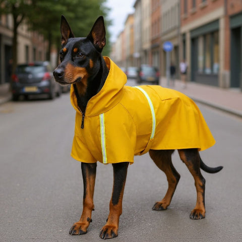 doberman qui porte le manteau pour chien glowcape jaune securitaire