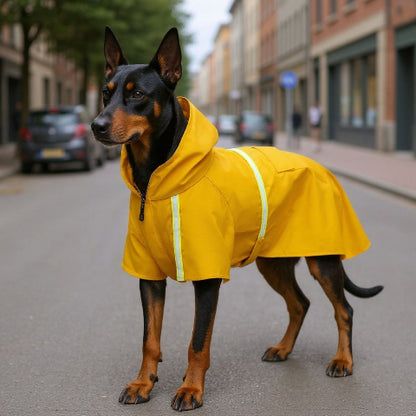 doberman qui porte le manteau pour chien glowcape jaune securitaire