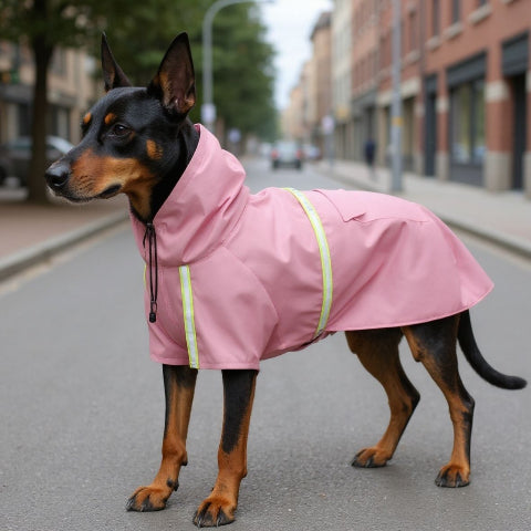 doberman qui porte le manteau pour chien glowcape rose indispensable