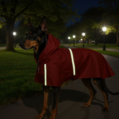 doberman qui porte le manteau pour chien glowcape visible la nuit