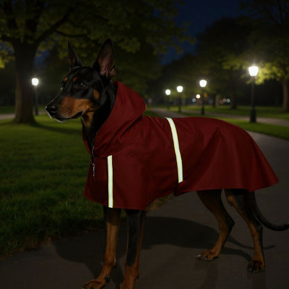 doberman qui porte le manteau pour chien glowcape visible la nuit