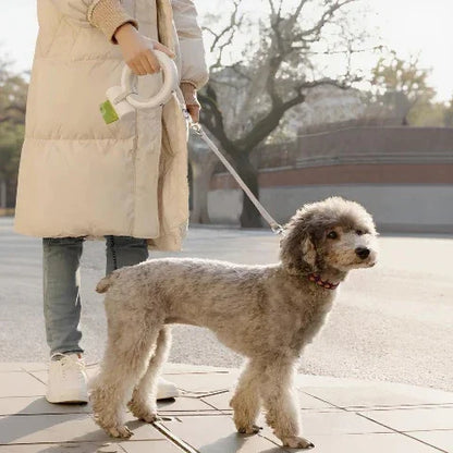 femme qui se promene avec son chiot qui porte la laisse pour chien led retractable