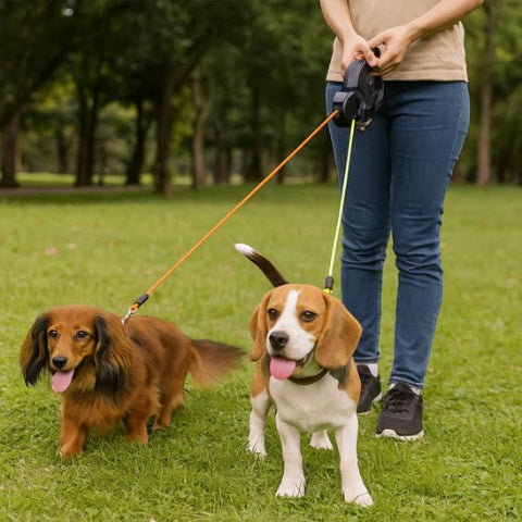 fille qui promene ses chiens dans un jardin avec la laisse enrouleur led roulette