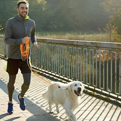 golden retriever qui court avec son proprietaire qui le prend par la laisse pour chien longue corde de dressage rembourree orange