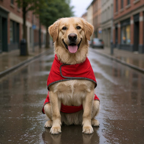 golden retriever qui porte le manteau pour chien wetguard rouge