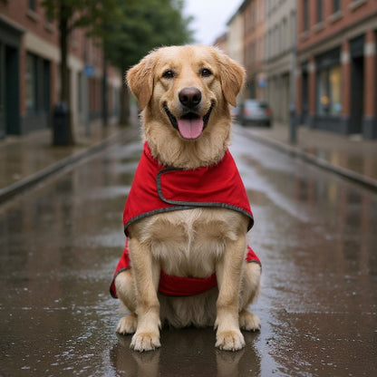 golden retriever qui porte le manteau pour chien wetguard rouge