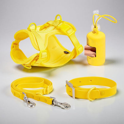 harnais laisse collier sac a crotte anti traction chien jaune