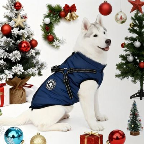 husky qui porte le harnais chien manteau d hiver bleu chaud
