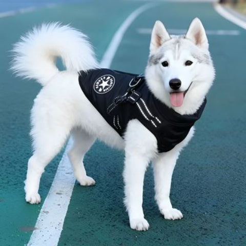 husky qui porte le harnais chien manteau d hiver noir