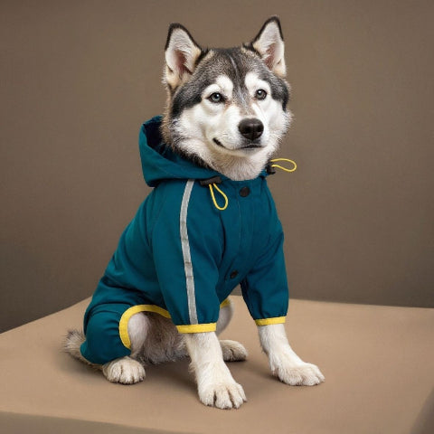 husky qui porte le manteau pour chien raincoat bleu beau