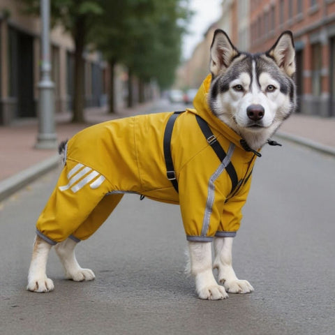 husky qui porte le manteau pour chien raincoat efficace