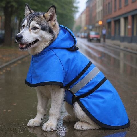 husky qui porte le manteau pour chien rainproof bleu magique