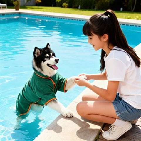 husky qui porte le peignoir pour chien vert pratique