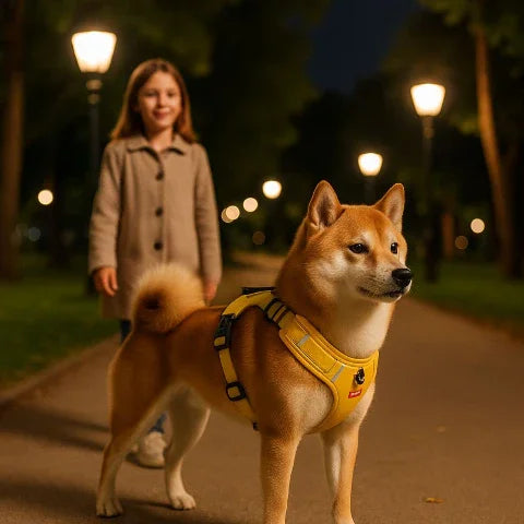 jeune fille qui fait une promenade nocturne avec son chien qui porte le harnais chien laisse anti traction visible