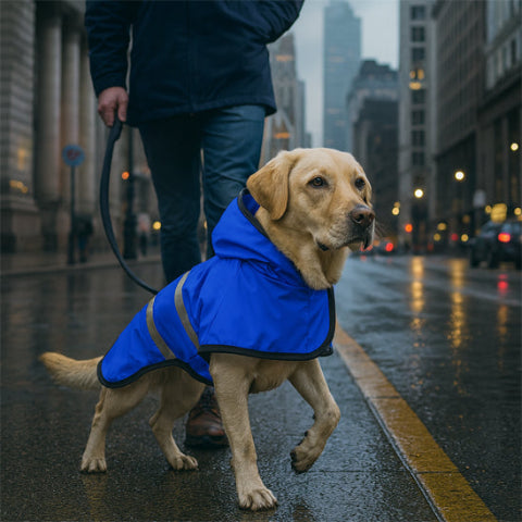 labrador qui porte le manteau pour chien bleu avec son proprietaire
