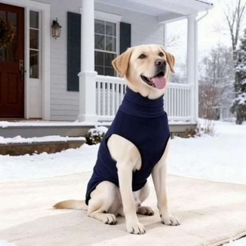labrador qui porte le manteau pour chien gilet bleu robuste