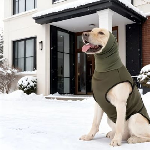 labrador qui porte le manteau pour chien gilet vert elegant