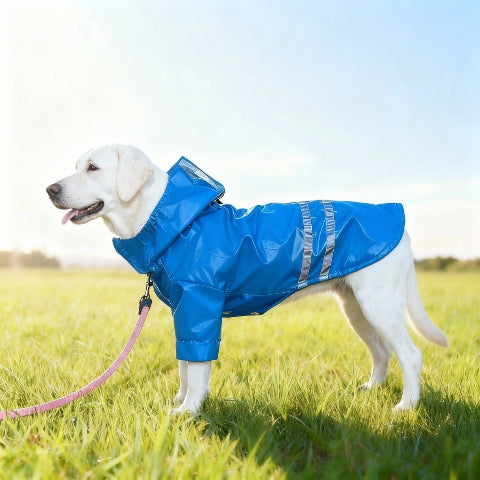 labrador qui porte le manteau pour chien impermeable bleu