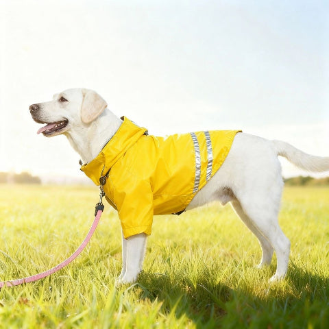 labrador qui porte le manteau pour chien impermeable jaune