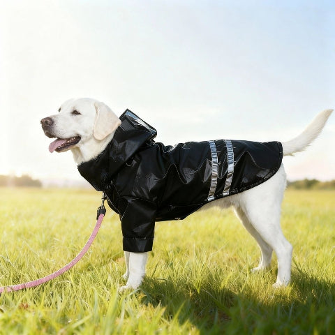 labrador qui porte le manteau pour chien impermeable noir